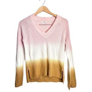 Anthropologie Sweater XS Pink White Gold Ombre V Neck Long Sleeve Knit